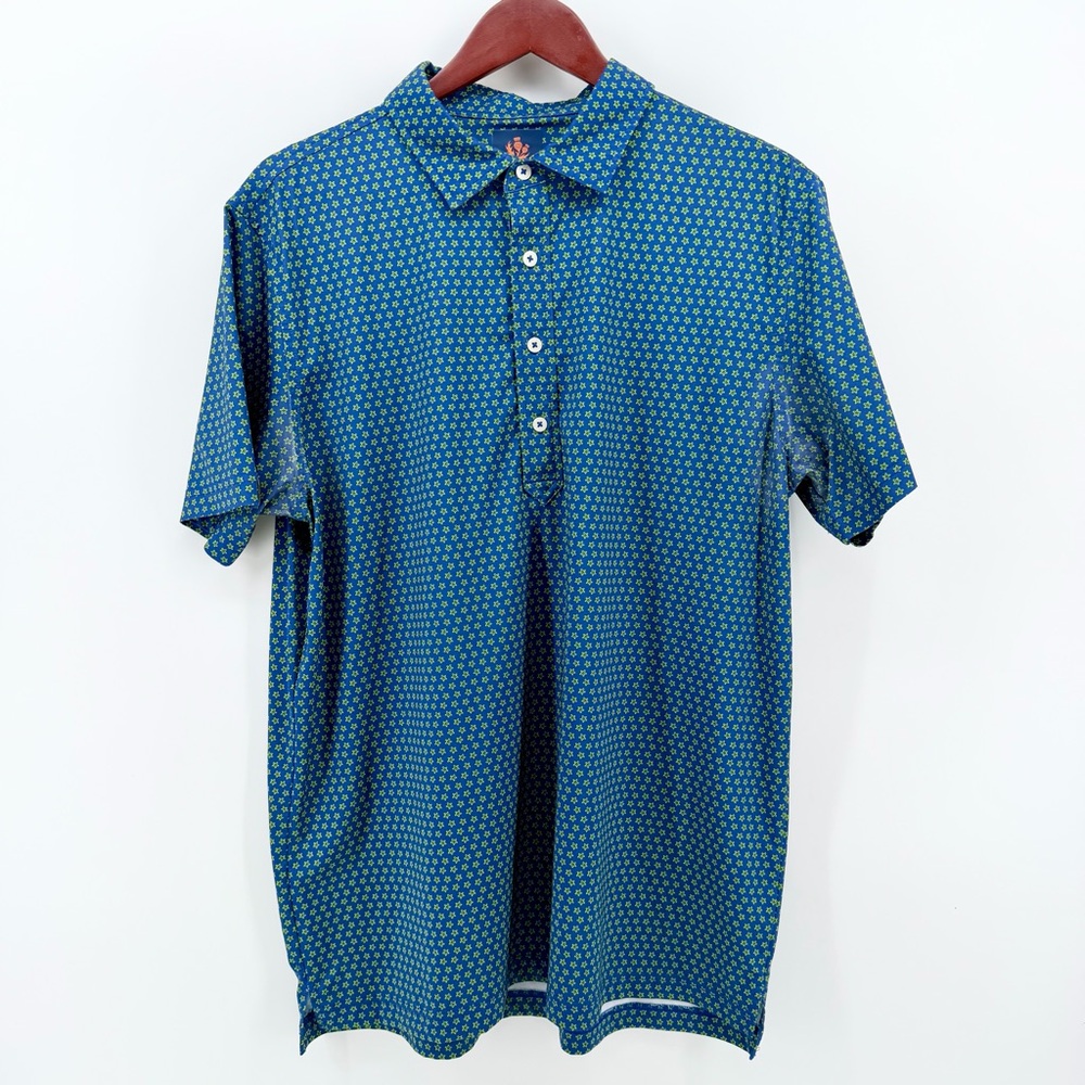 Donald Ross Sport Men’s Golf Polo Shirt Medium Blue Green Star Print Sport Fit